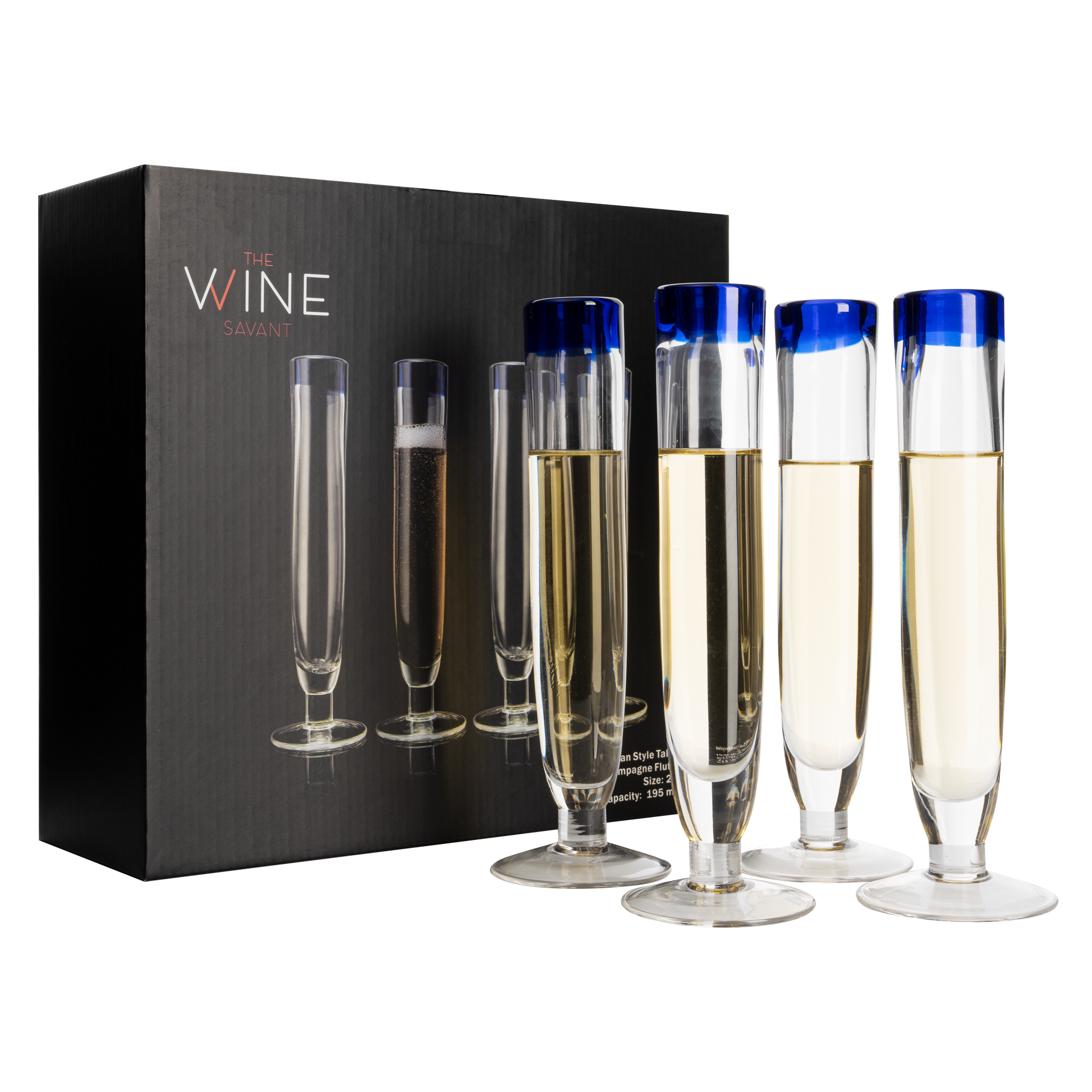 Tall Recycled Champagne Flutes - Set of 4 - Mexican Hand Blown Cobalt Blue Rim Flute – Luxury Mexican Thick Glassware 7oz, Juice & Cocktail Drinking Glass Holiday Celebration, Weddings, Anniversary-0