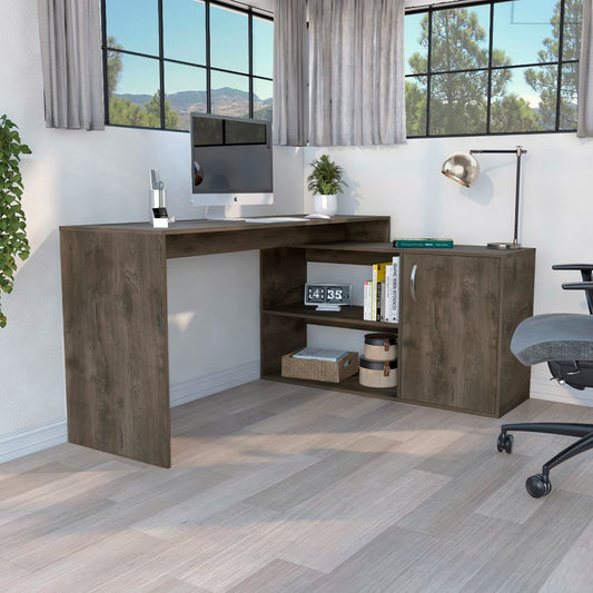 L-Shaped Desk Desti, Single Door Cabinet, Dark Brown Finish-0