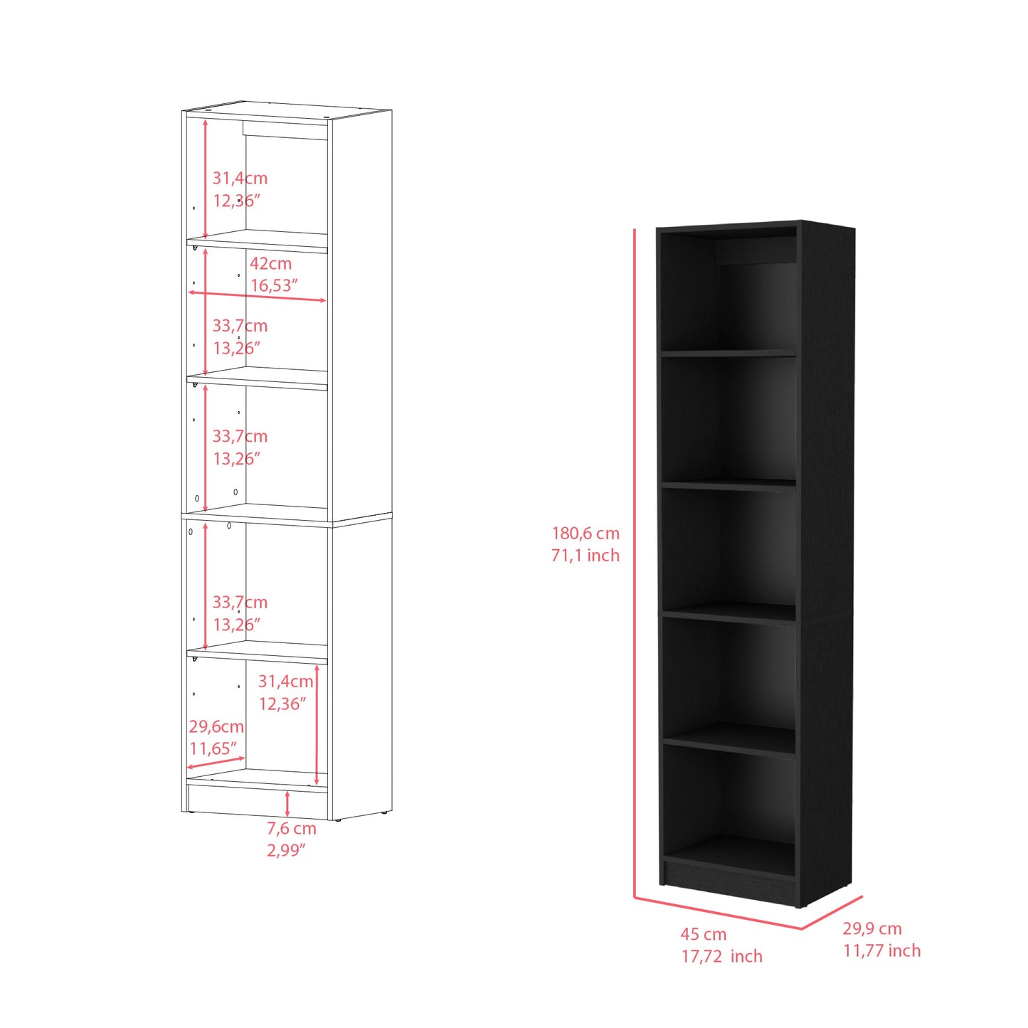 Bookcase XS Benzoni, Slim Design and Spacious Display, Black Wengue Finish-7