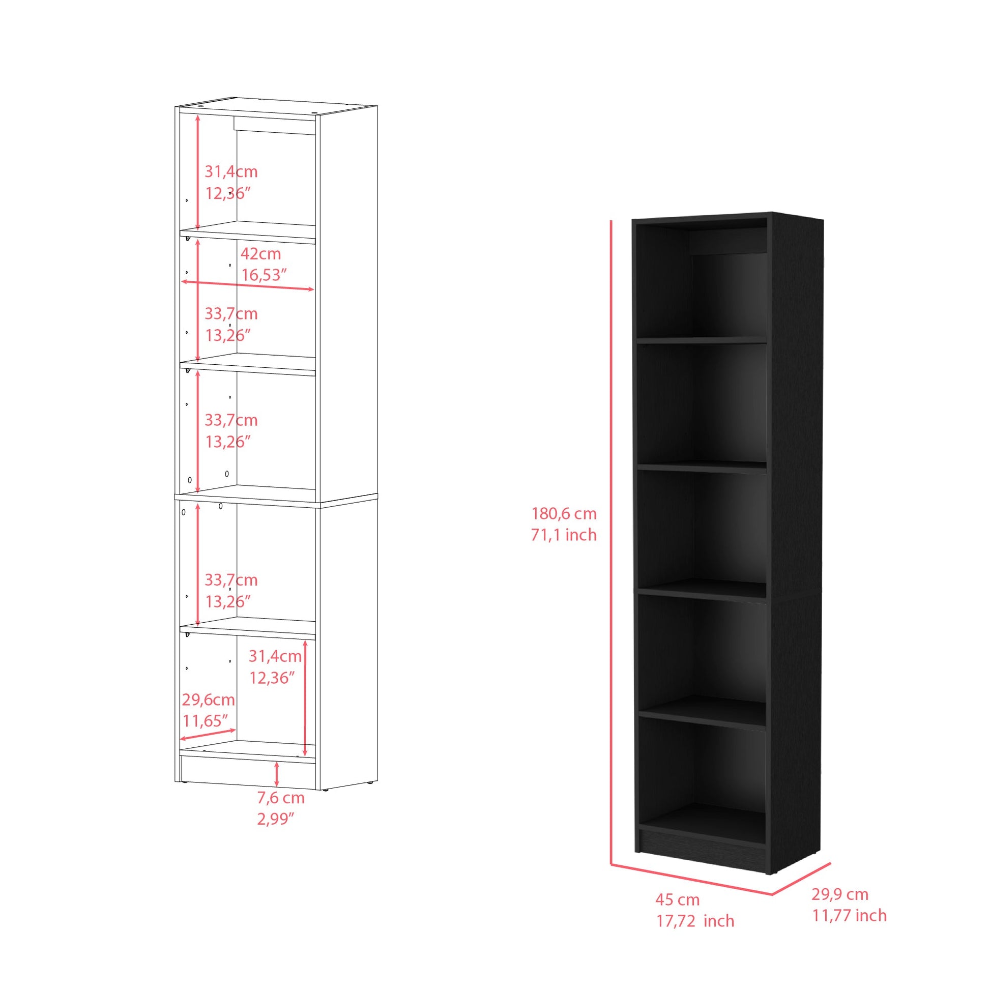 Bookcase XS Benzoni, Slim Design and Spacious Display, Black Wengue Finish-7