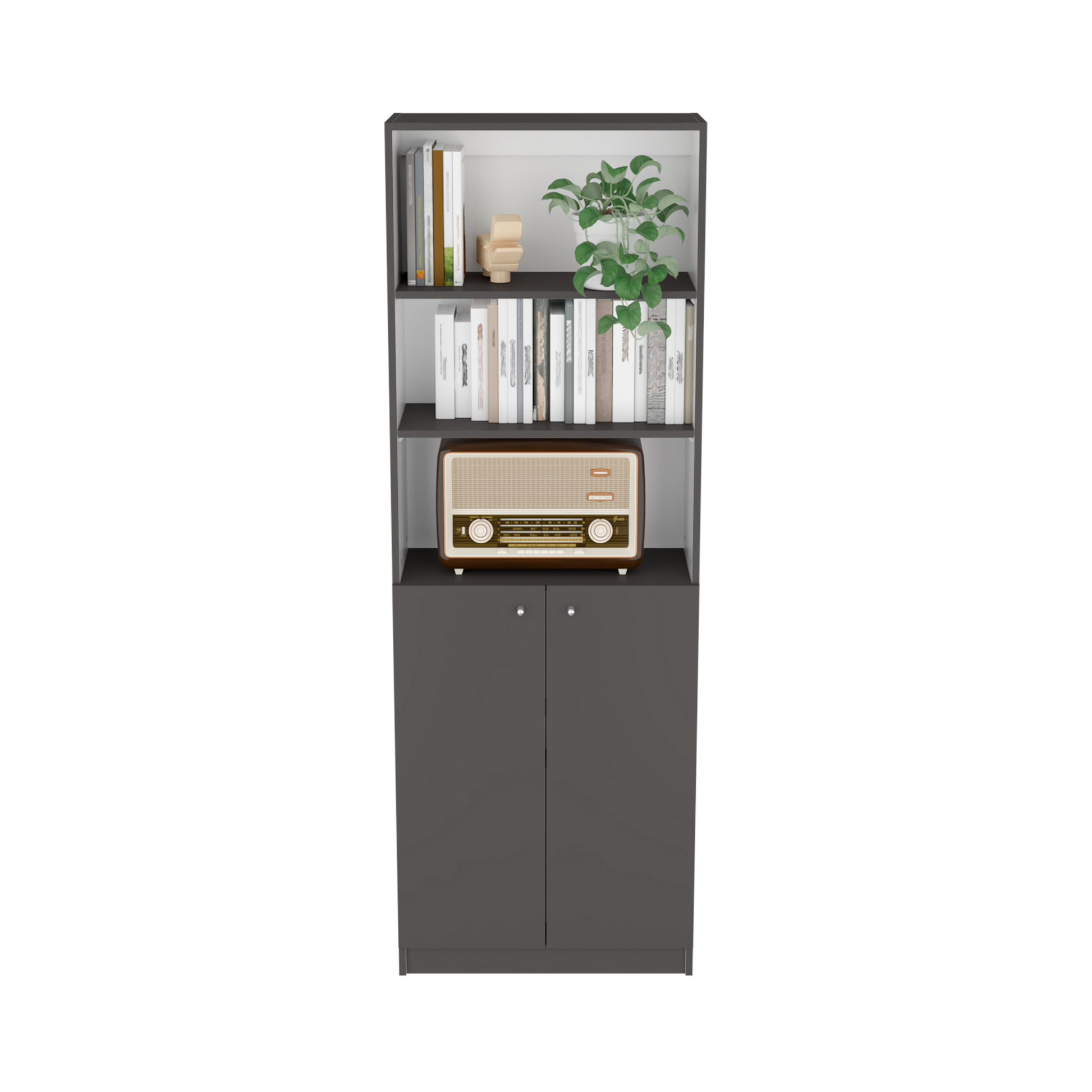 Bookcase Dual-Door Benzoni, Tier-Shelf in Modern Design, Matt Gray / White Finish-6