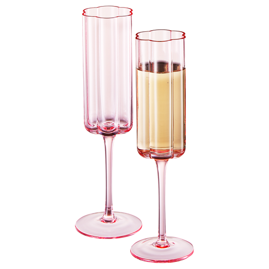 Flower Vintage Champagne Flute Glassware - Set of 2 - 7.4 oz Colorful Cocktail, Martini & Champagne Glasses, Prosecco, Mimosa Glasses Set, Cocktail Glass, Bar Glassware Luster Glasses 9" X 2" (Pink)-0
