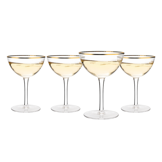 The Wine Savant Gold Rim Glasses 6 oz, Set of 4 Gold Rim Classic Manhattan Glasses For Martini, Cocktails, Champagne, Water & Wine - Classic Coupes Gilded Rimed, Crystal with Stems, Coupe-0