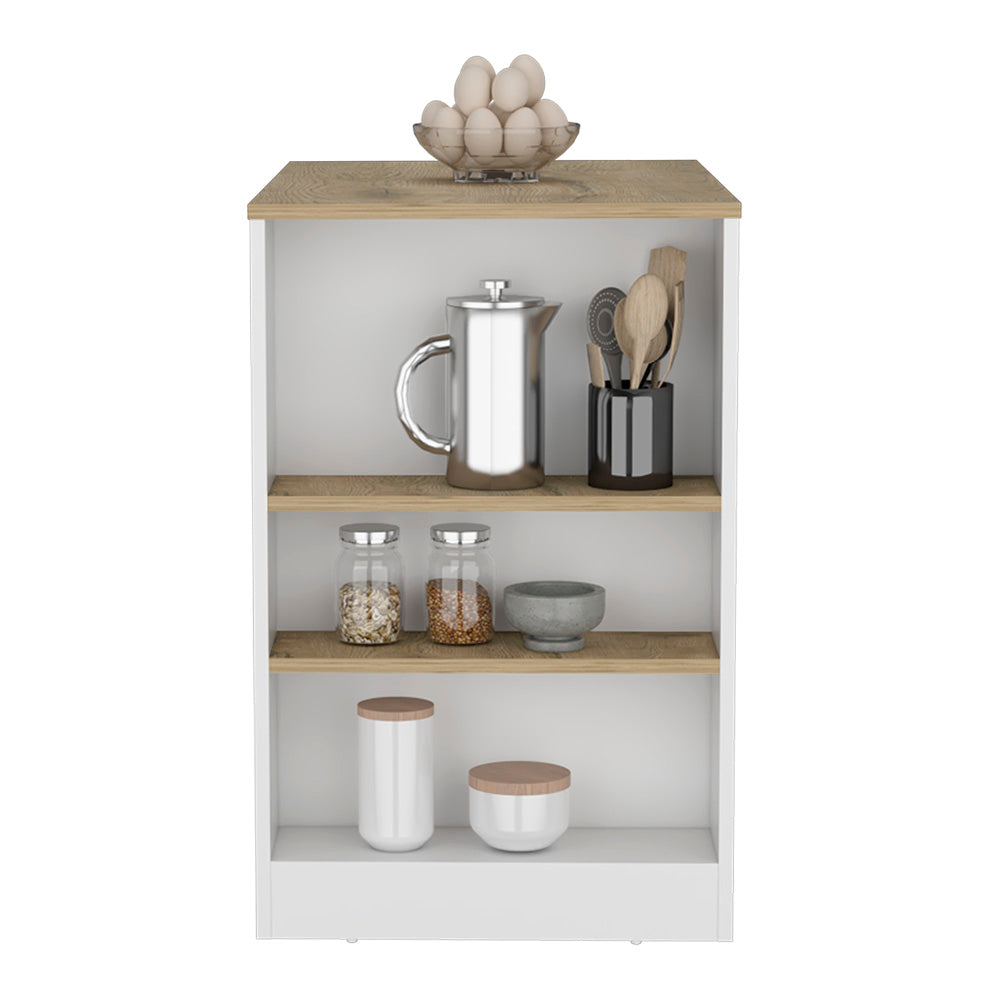 Kitchen Island Doyle, Three Side Shelves, White and Light Oak Finish-1