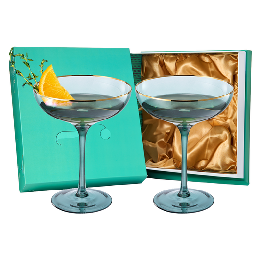 Colored Green & Gilded Rim Wine Glassware, Large 9oz Cocktail & Champagne Glasses 2-Set Vibrant Color Gold Vintage Stemmed Wine Glass, Glassware Gift Idea Perfect for Spring, Mother's Day (Coupe)-0