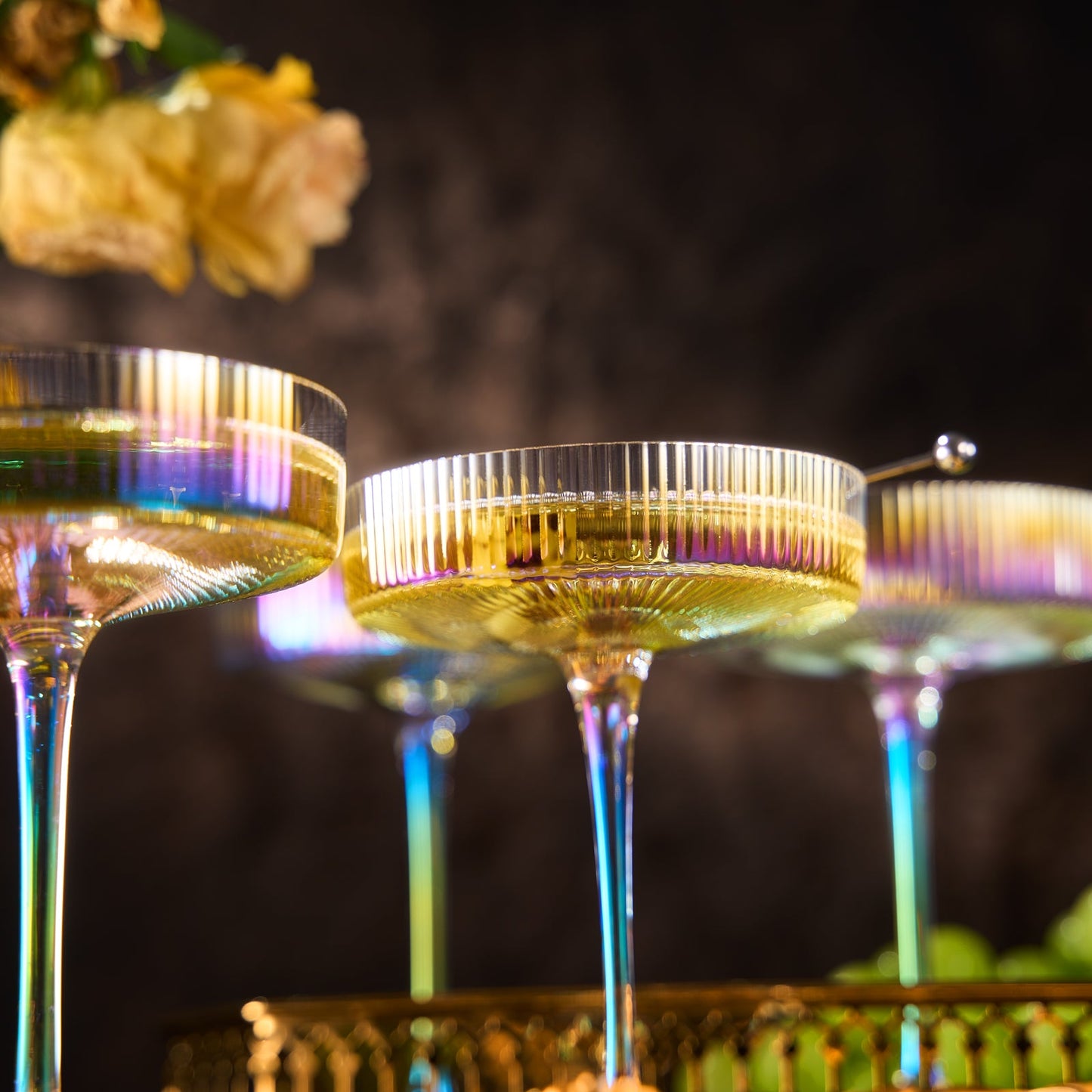 Ribbed Coupe Cocktail Glasses 8 oz | Set of 4 | Classic Manhattan Glasses For Cocktails, Champagne Coupe, Ripple Coupe Glasses, Art Deco Gatsby Vintage, Crystal with Stems (Iridescent)-3