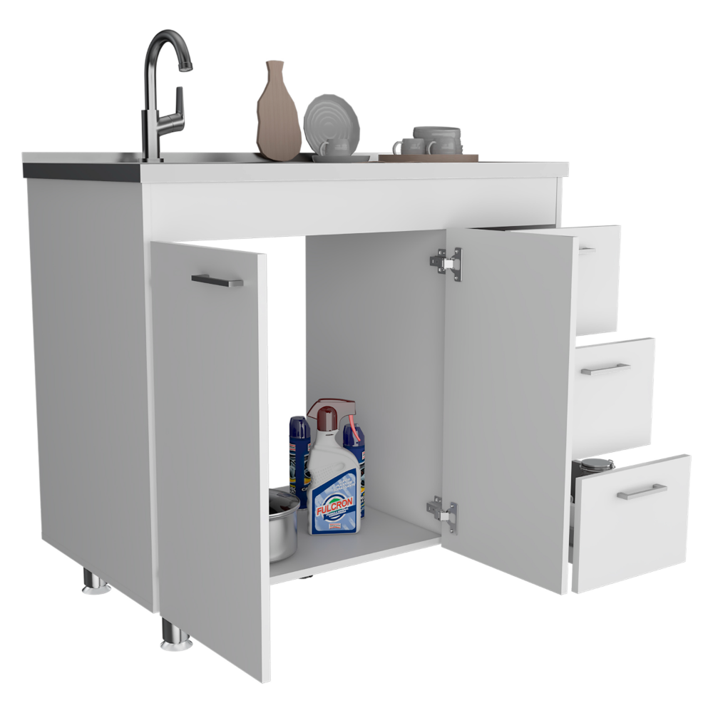 Utility Sink  Kisco, Three Drawers, Double Door, White Finish-5