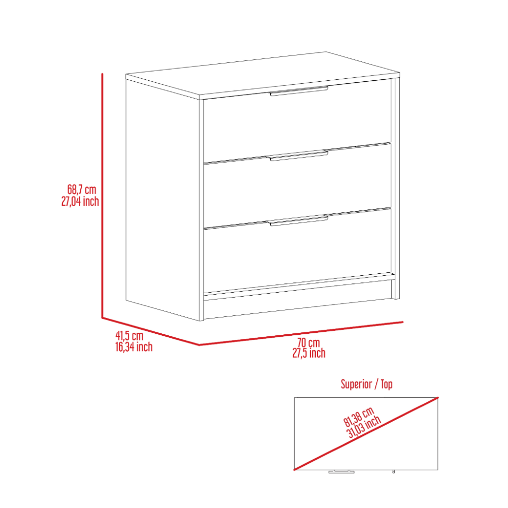 3 Drawers Dresser Maryland, Superior Top, White Finish-7