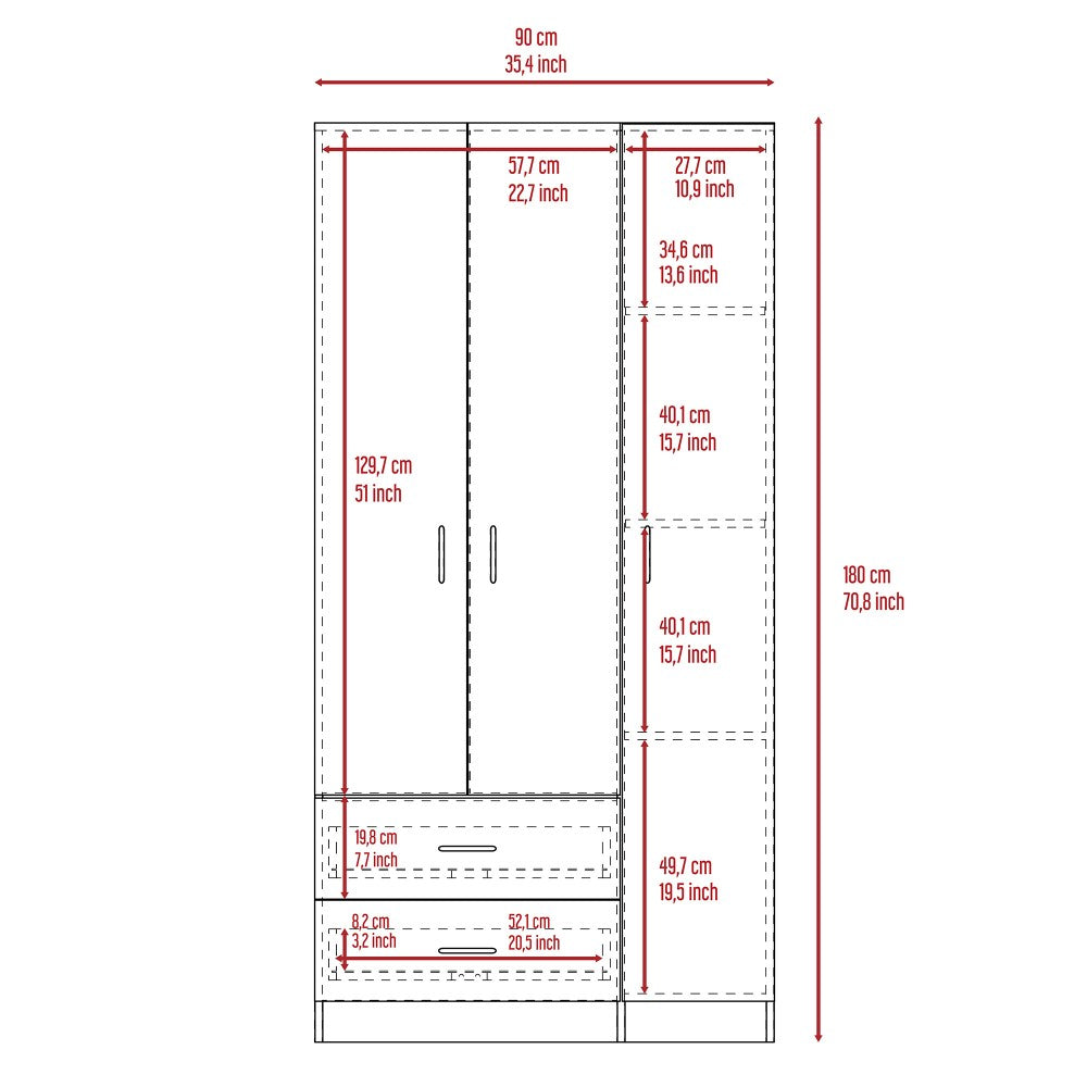 Three Door Armoire Clark, Metal Rod, White Finish-7