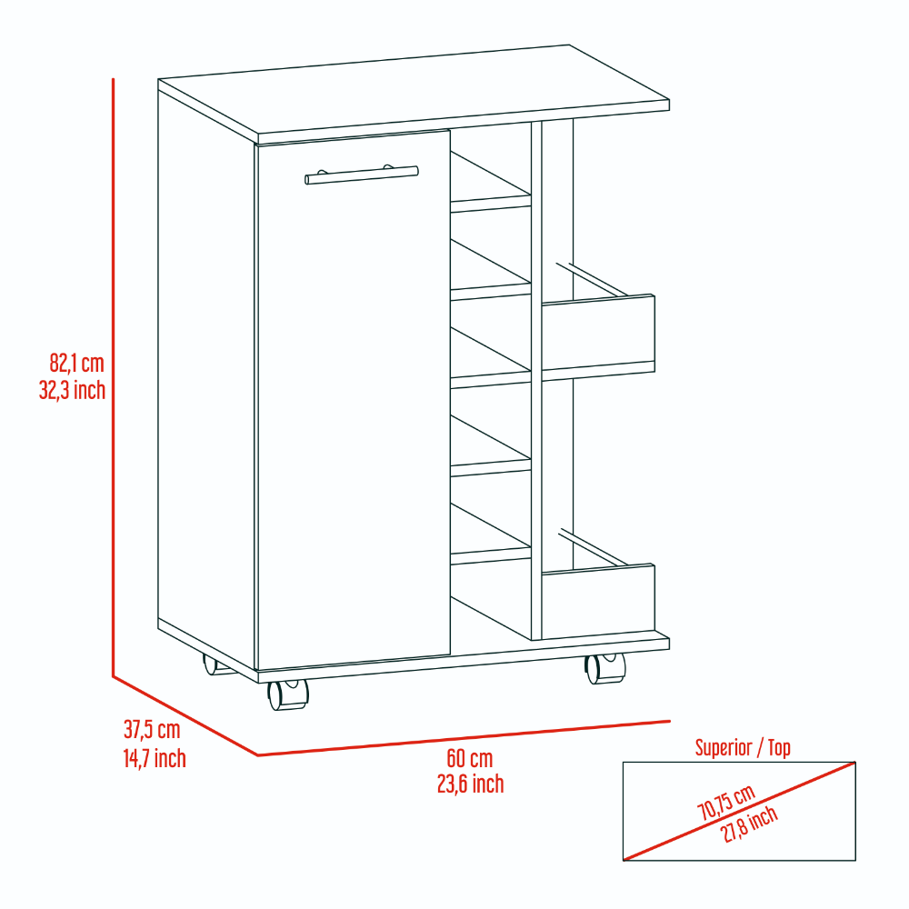Bar Cart Wells, Four Casters, Six Wine Cubbies, Single Door Cabinet, White Finish-7