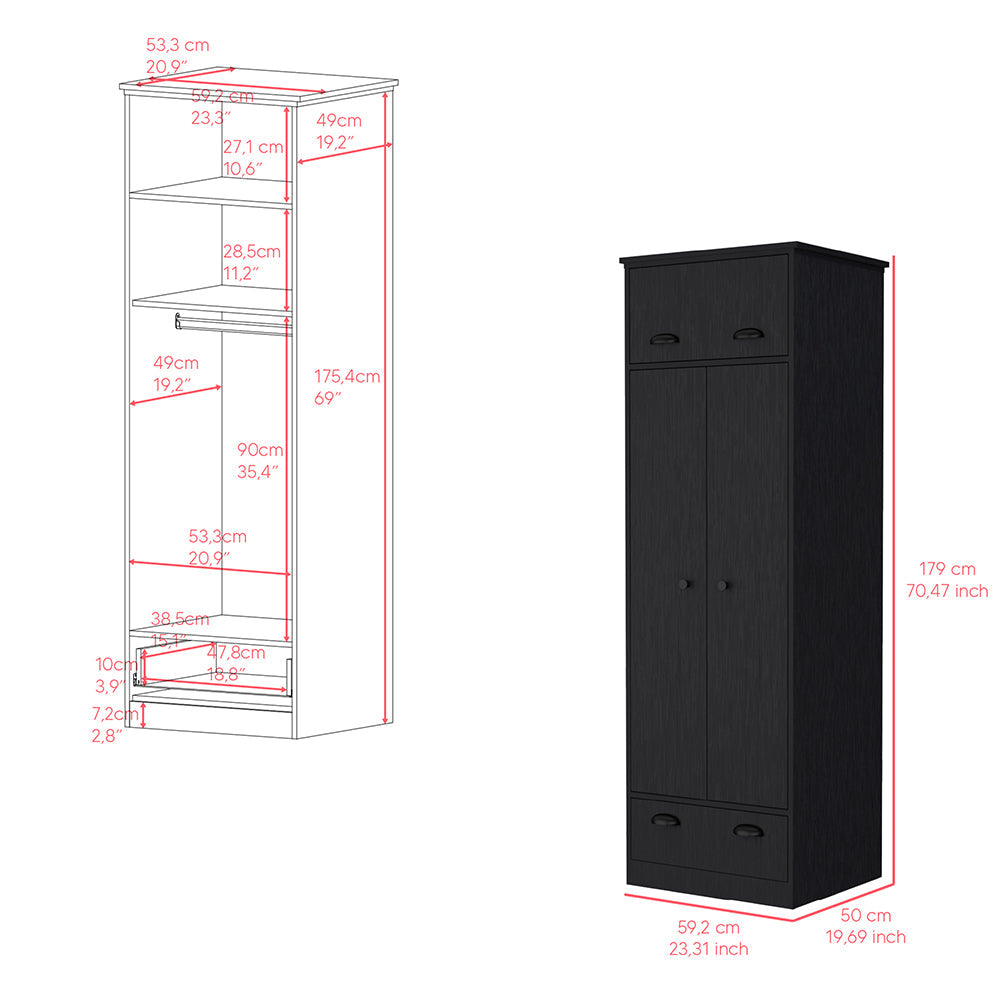 Armoire with Two-Doors Dumas, Top Hinged Drawer and 1-Drawer, Black Wengue Finish-6