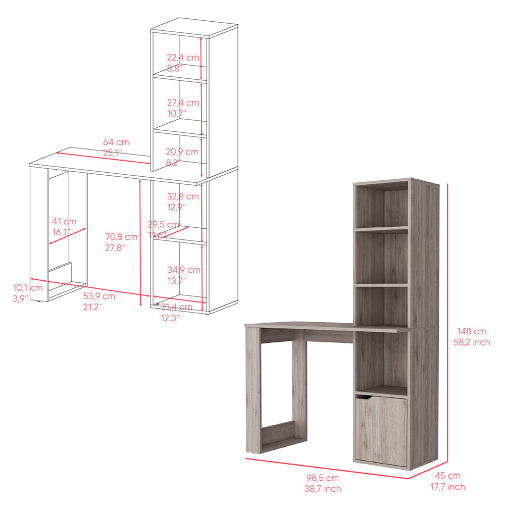 Computer Desk with Single Door Cabinet and 4-Tier Shelf Bicknell, Light Gray Finish-6