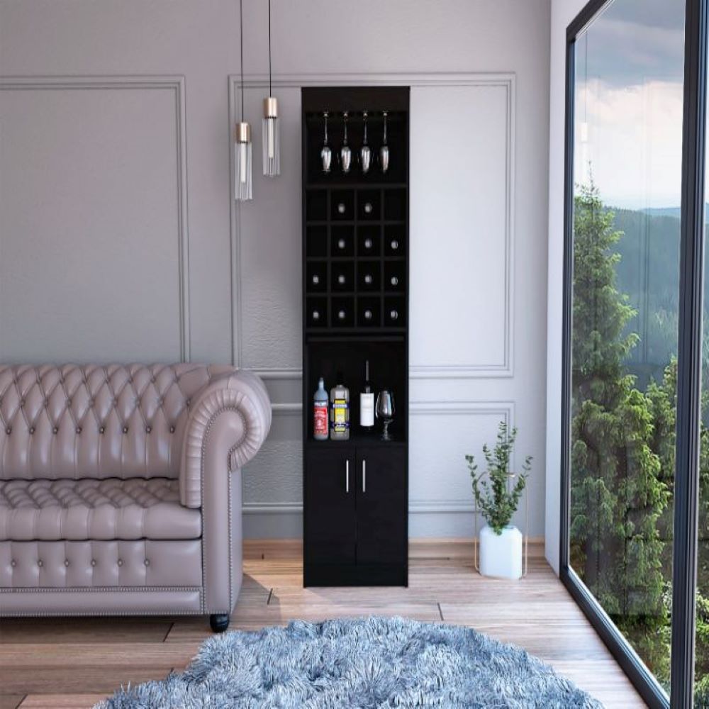Bar cabinet Modoc, 1 Shelf, 16 Wine Cubbies, Black Wengue Finish-0
