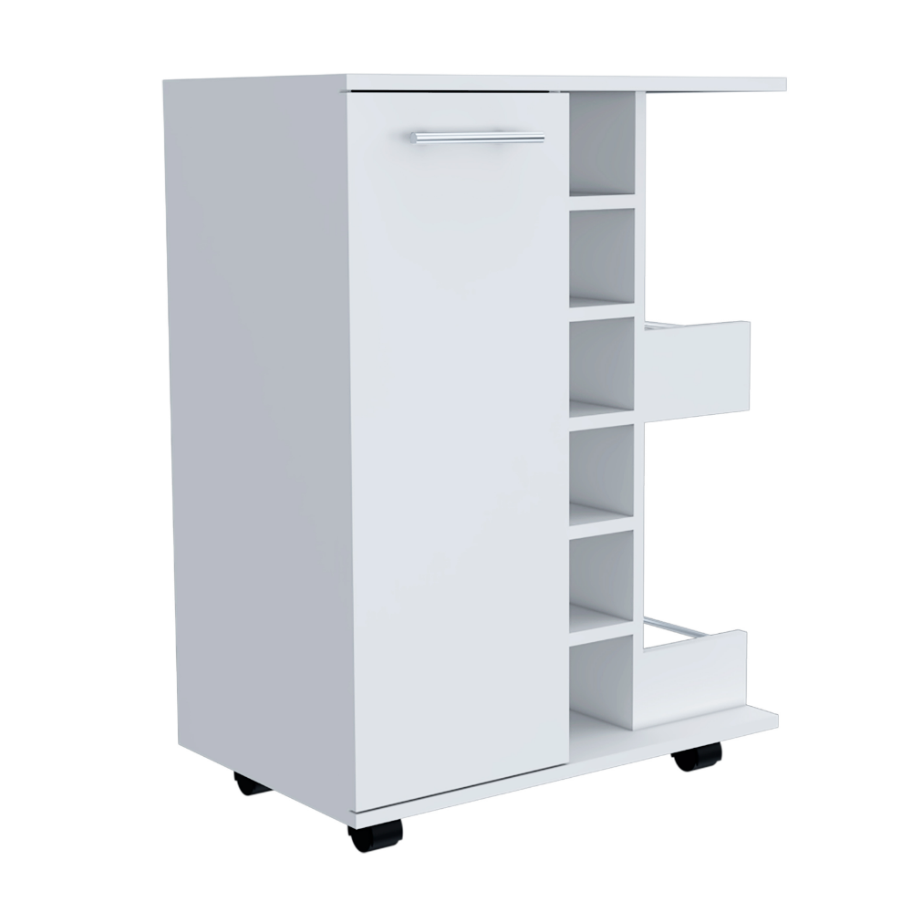 Bar Cart Wells, Four Casters, Six Wine Cubbies, Single Door Cabinet, White Finish-5