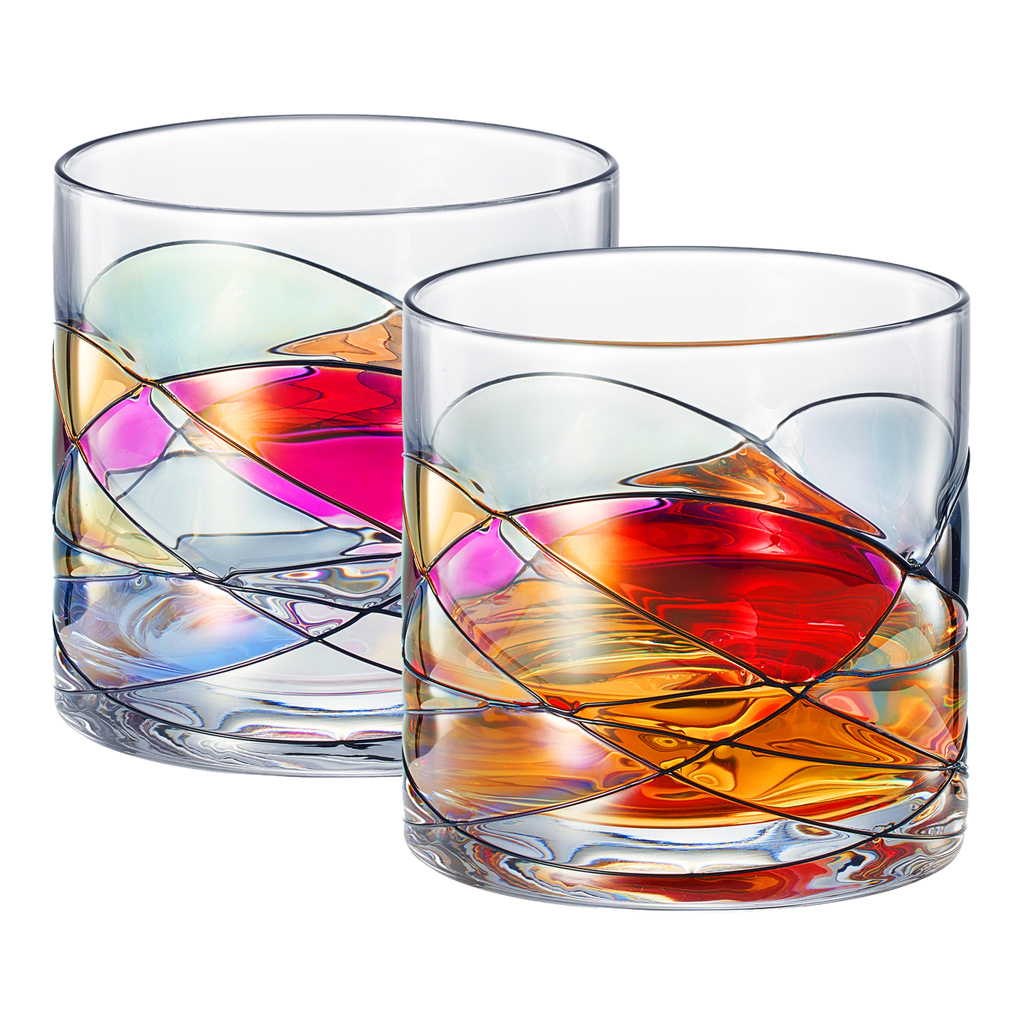 Artisanal Hand Painted Whiskey - Gift for Dad, Friends, Boyfriends, Renaissance Romantic Stain-glassed Windows Cocktail Glasses Set of 2 - Gift Idea for Birthday, Housewarming - 9.6 OZ Glassware-0