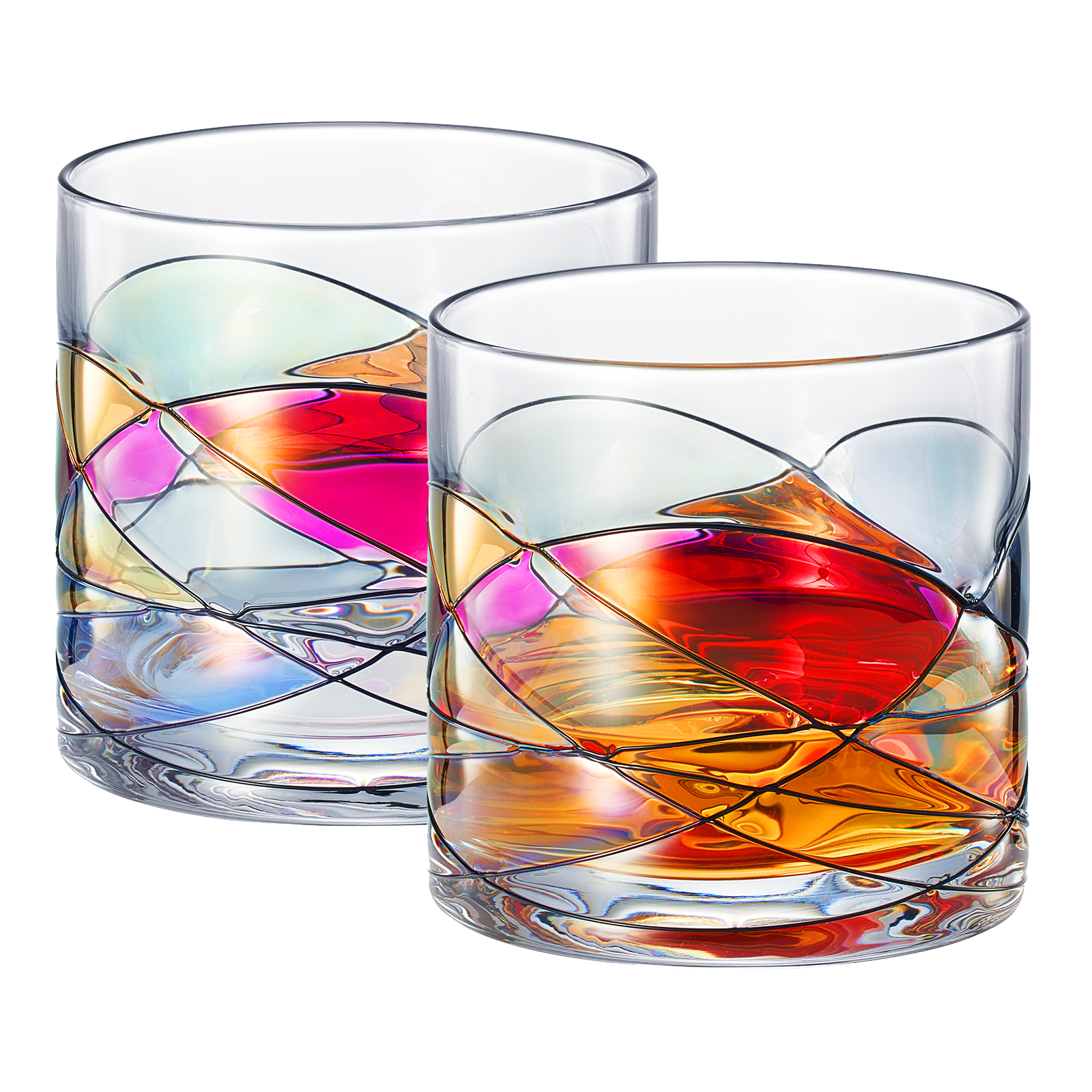 Artisanal Hand Painted Whiskey - Gift for Dad, Friends, Boyfriends, Renaissance Romantic Stain-glassed Windows Cocktail Glasses Set of 2 - Gift Idea for Birthday, Housewarming - 9.6 OZ Glassware-0