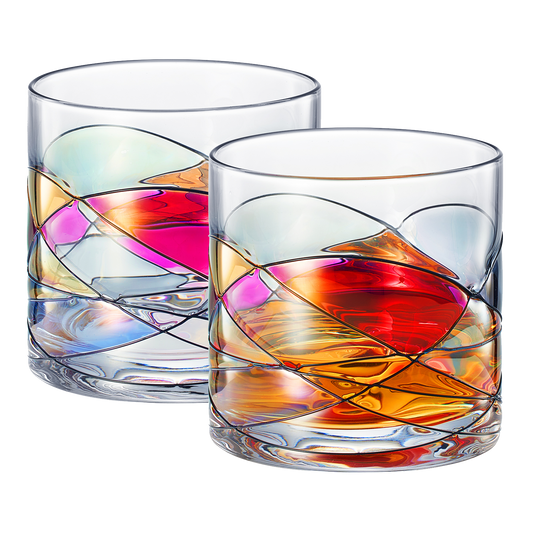Artisanal Hand Painted Whiskey - Gift for Dad, Friends, Boyfriends, Renaissance Romantic Stain-glassed Windows Cocktail Glasses Set of 2 - Gift Idea for Birthday, Housewarming - 9.6 OZ Glassware-0