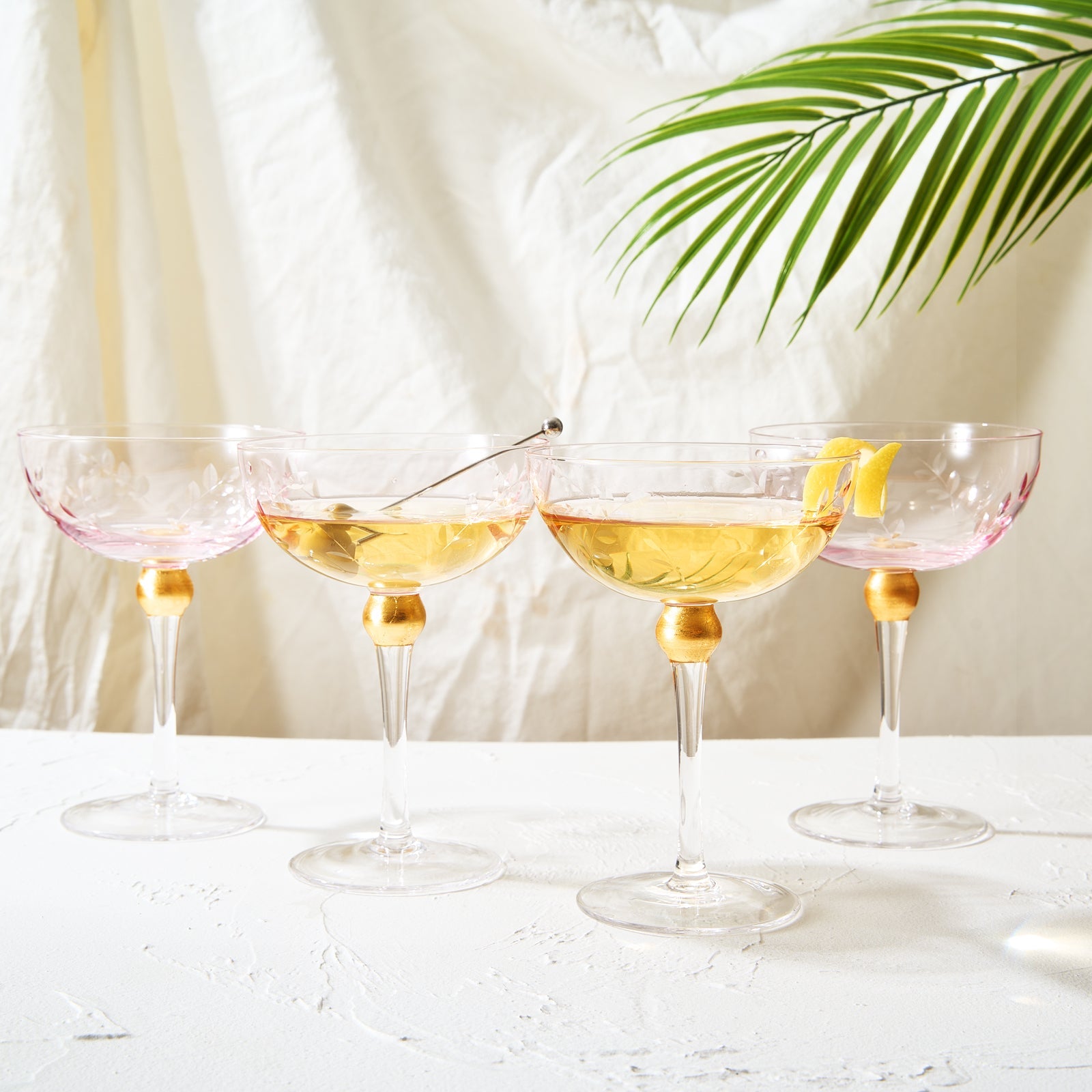 Colored Coupe Art Deco Glasses, Gold | Set of 4 | 8 oz Classic Cocktail Glassware for Champagne, Martini, Manhattan, Sidecar, Crystal Speakeasy Style Goblets Stems (Pink)-2