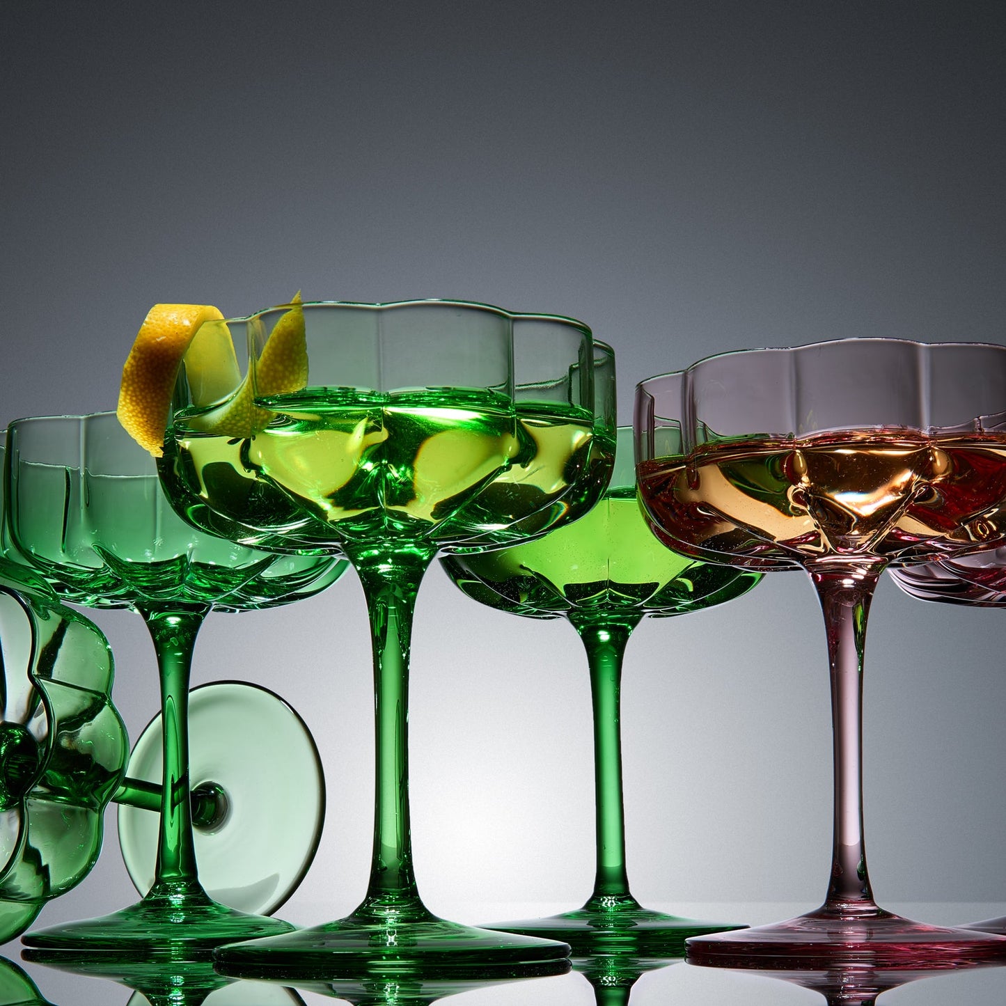 Flower Vintage Wavy Petals Wave Glass Coupes 7oz Colorful Cocktail, - Set of 4 - Rippled & Champagne Glasses, Prosecco, Martini, Mimosa, Cocktail Set, Bar Glassware Copyright & Patent Pending (Pink)-2