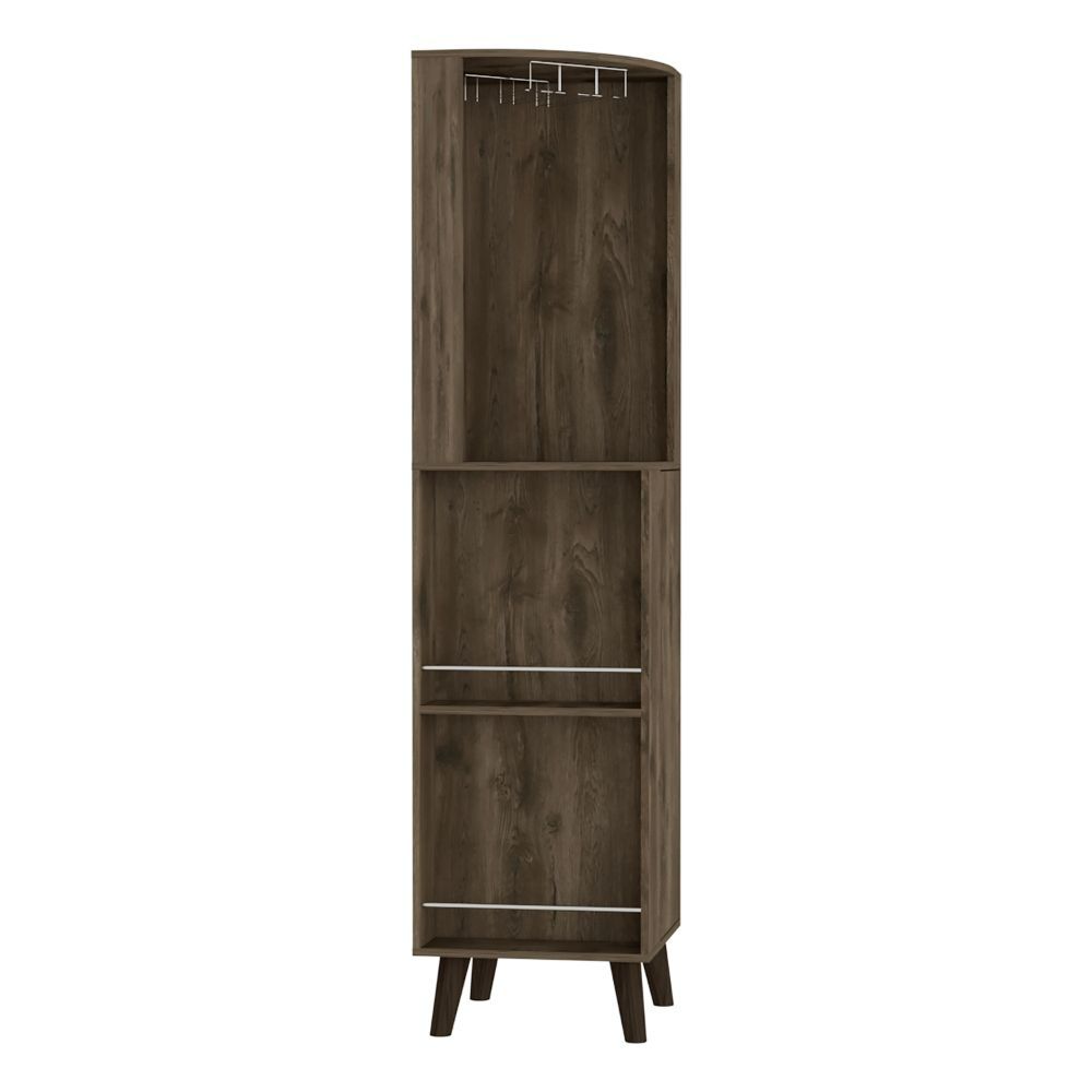Corner Bar Cabinet Plex, Cup Rack, Two External Shelves, Dark Brown Finish-6