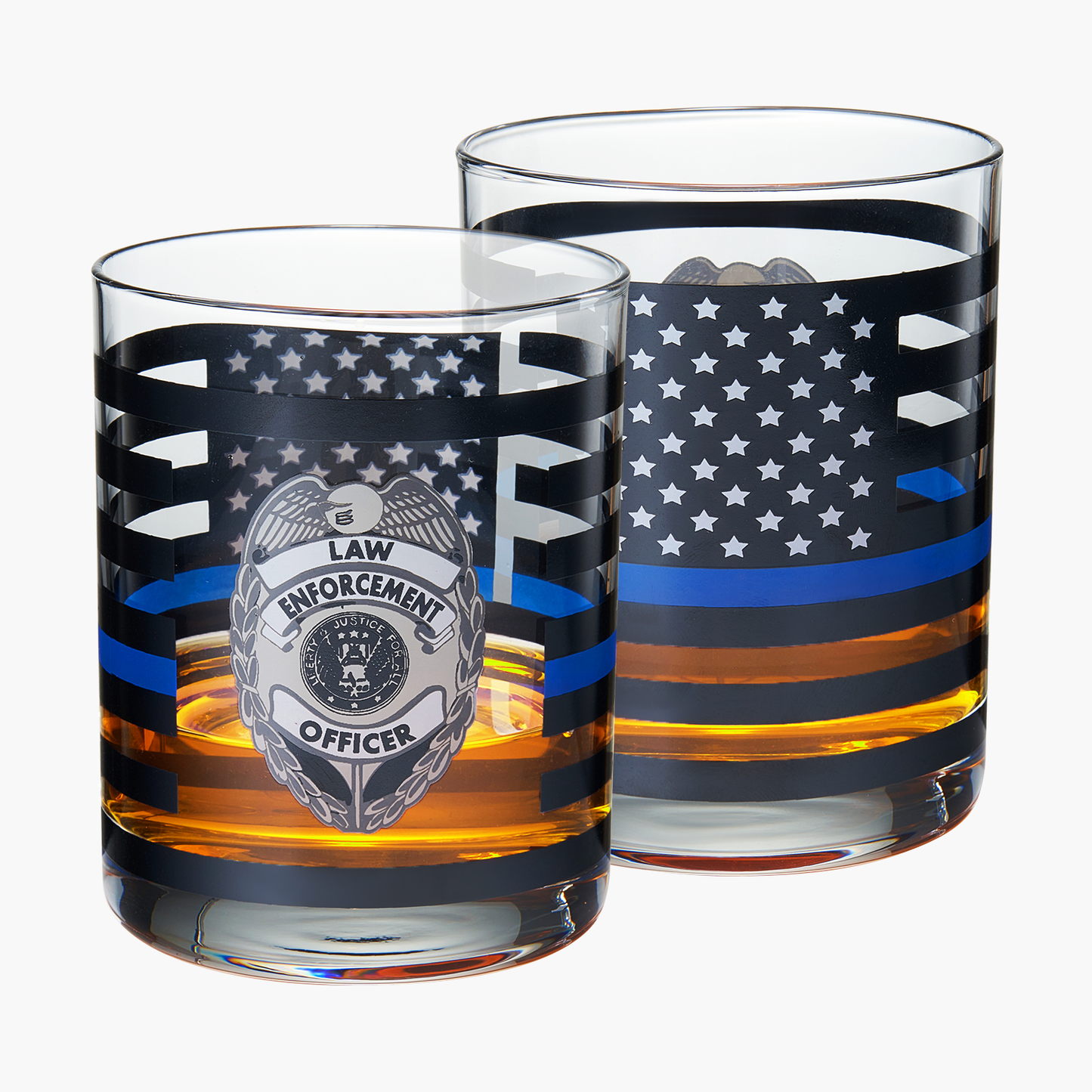 Police Whiskey Glasses | Set of 2 | 12 OZ Old Fashioned Liquor Glasses, American Flag Blue Line Fire Fighter Glass - Show Support For Police Lives Matter, Policemen Gifts for Him, Dad, Boyfriend-0