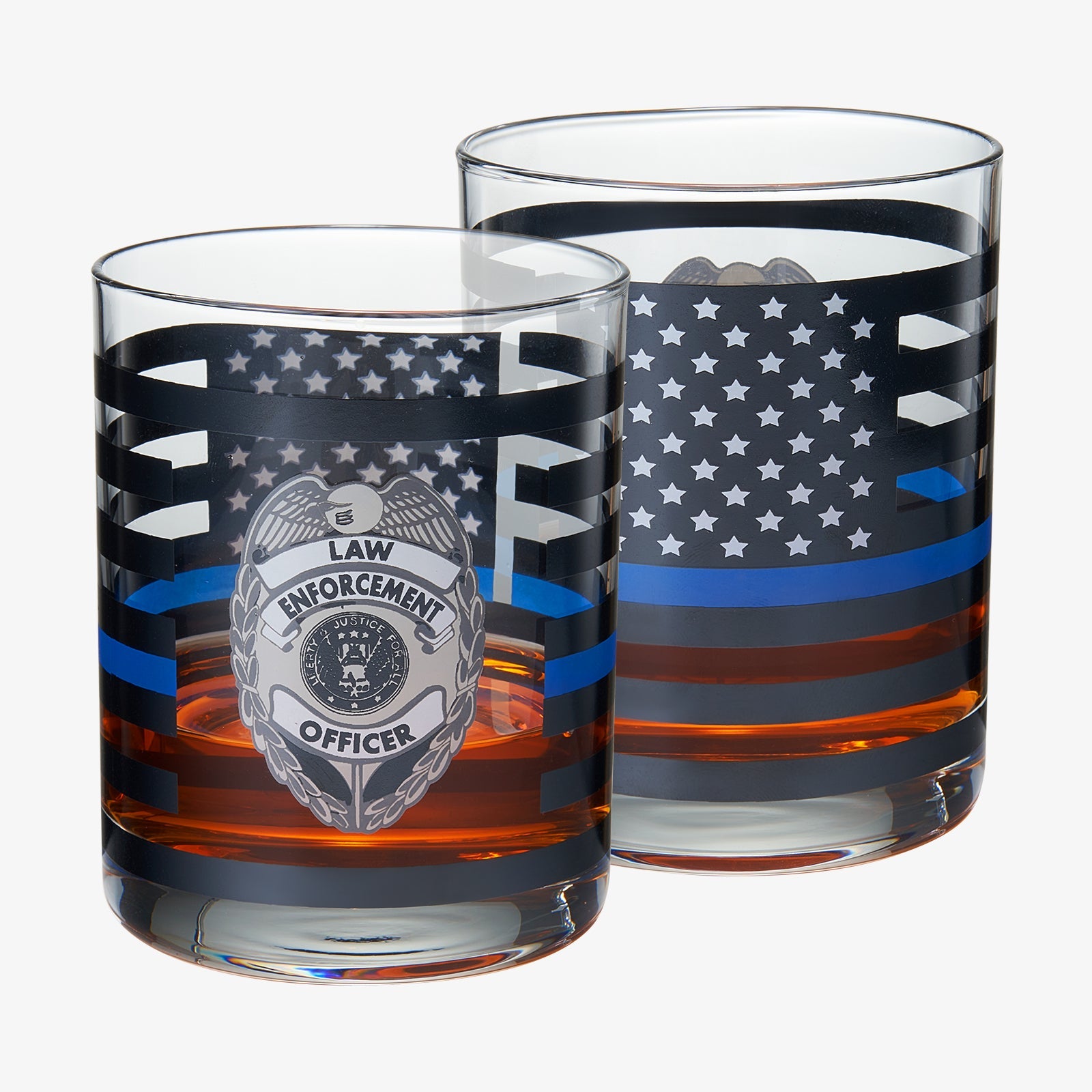 Police Whiskey Glasses | Set of 2 | 12 OZ Old Fashioned Liquor Glasses, American Flag Blue Line Fire Fighter Glass - Show Support For Police Lives Matter, Policemen Gifts for Him, Dad, Boyfriend-2
