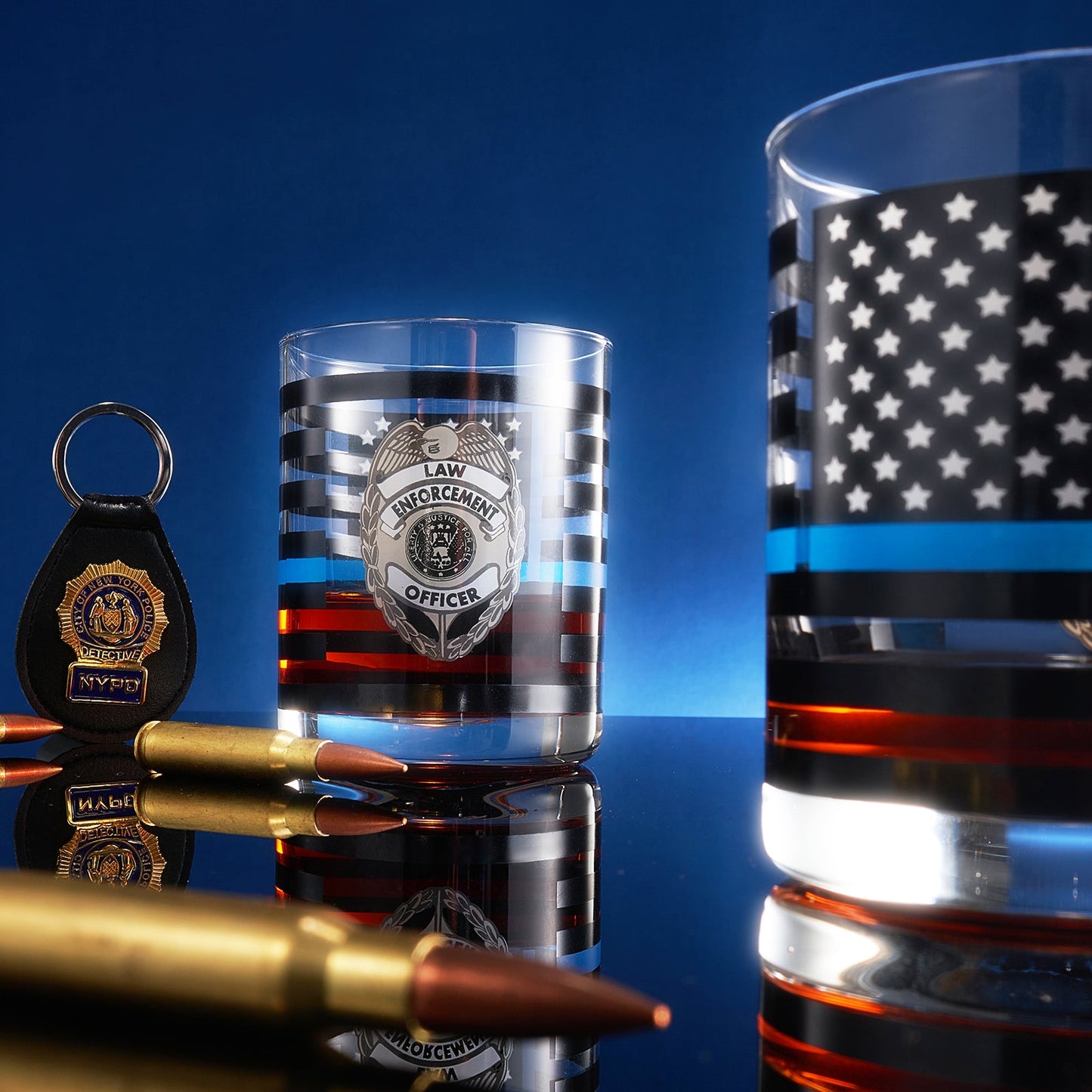 Police Whiskey Glasses | Set of 2 | 12 OZ Old Fashioned Liquor Glasses, American Flag Blue Line Fire Fighter Glass - Show Support For Police Lives Matter, Policemen Gifts for Him, Dad, Boyfriend-4