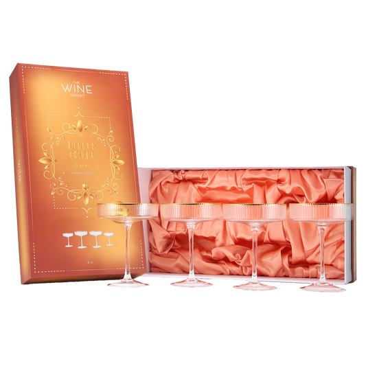 Ribbed Coupe Cocktail Glasses With Gold Rim 8 oz | Set of 4 | Classic Manhattan Glasses For Cocktails, Champagne Coupe, Ripple Coupe Glasses, Art Deco Gatsby Vintage, Crystal with Stems-0