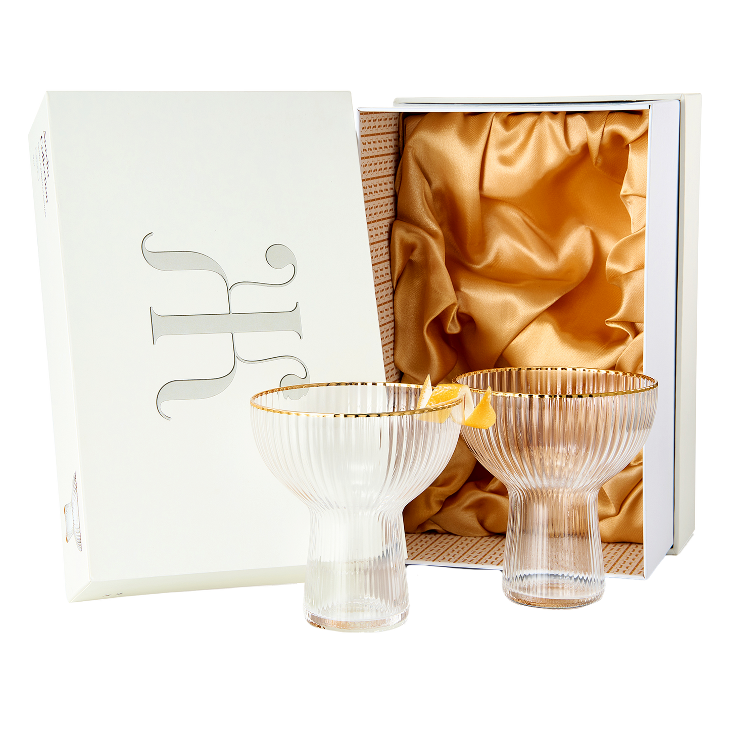 Ribbed Stemless Margarita, Martini & Champagne Glasses with Gold Rim - Set of 2 - Hand Blown Cocktail Luxury Coupe – Large Party, Elegant Ripple Design, Gilded, Premium Hand Blown Glassware (10 OZ)-0