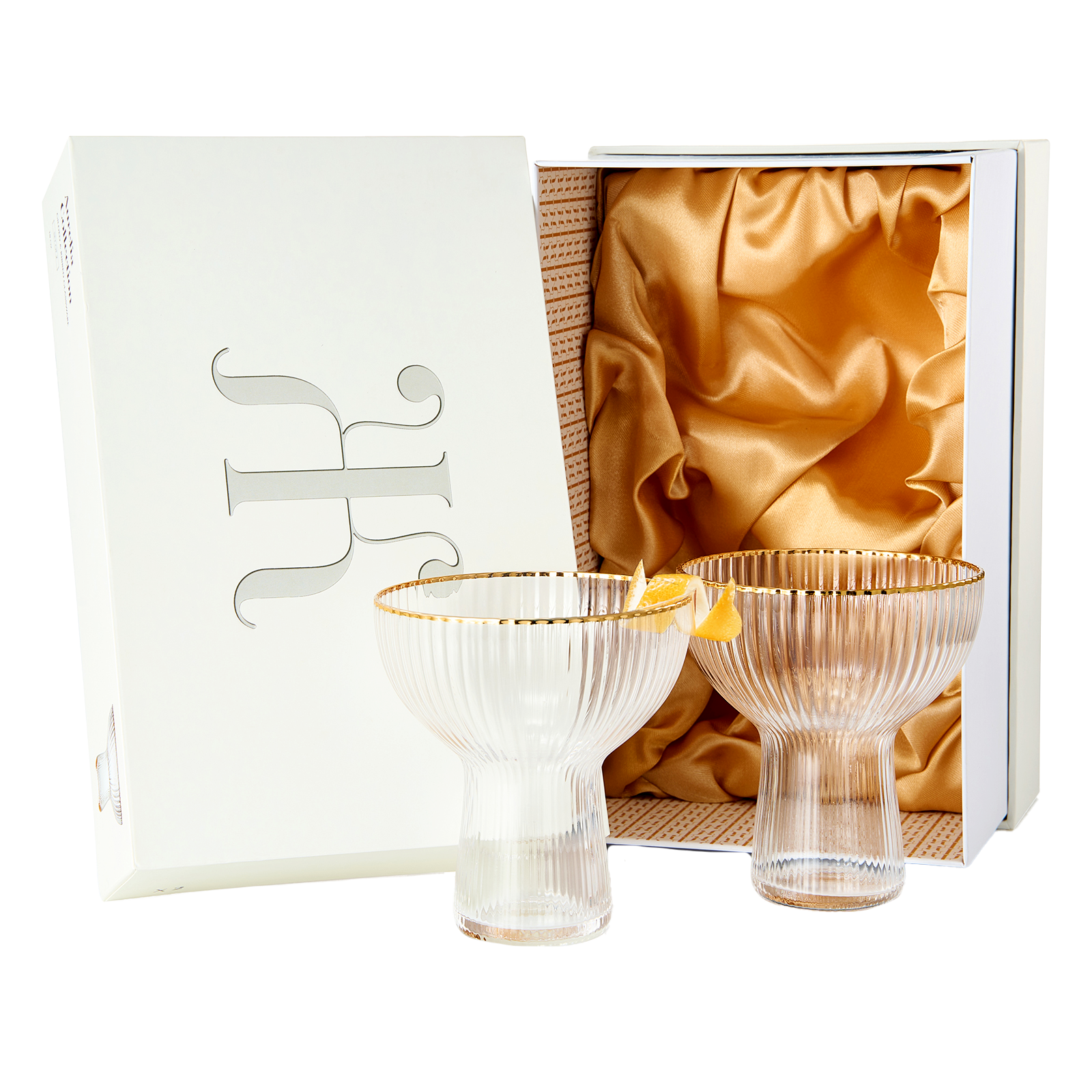 Ribbed Stemless Margarita, Martini & Champagne Glasses with Gold Rim - Set of 2 - Hand Blown Cocktail Luxury Coupe – Large Party, Elegant Ripple Design, Gilded, Premium Hand Blown Glassware (10 OZ)-0