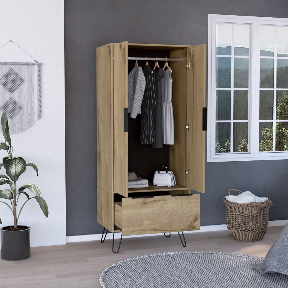 Armoire Skyoner, One Drawer, Double Door Cabinet, Light Oak Finish-1