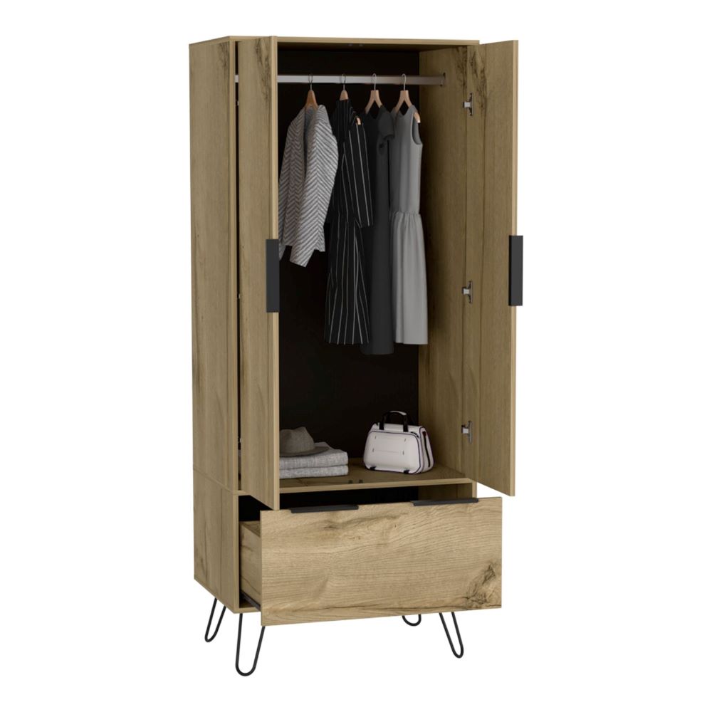 Armoire Skyoner, One Drawer, Double Door Cabinet, Light Oak Finish-5
