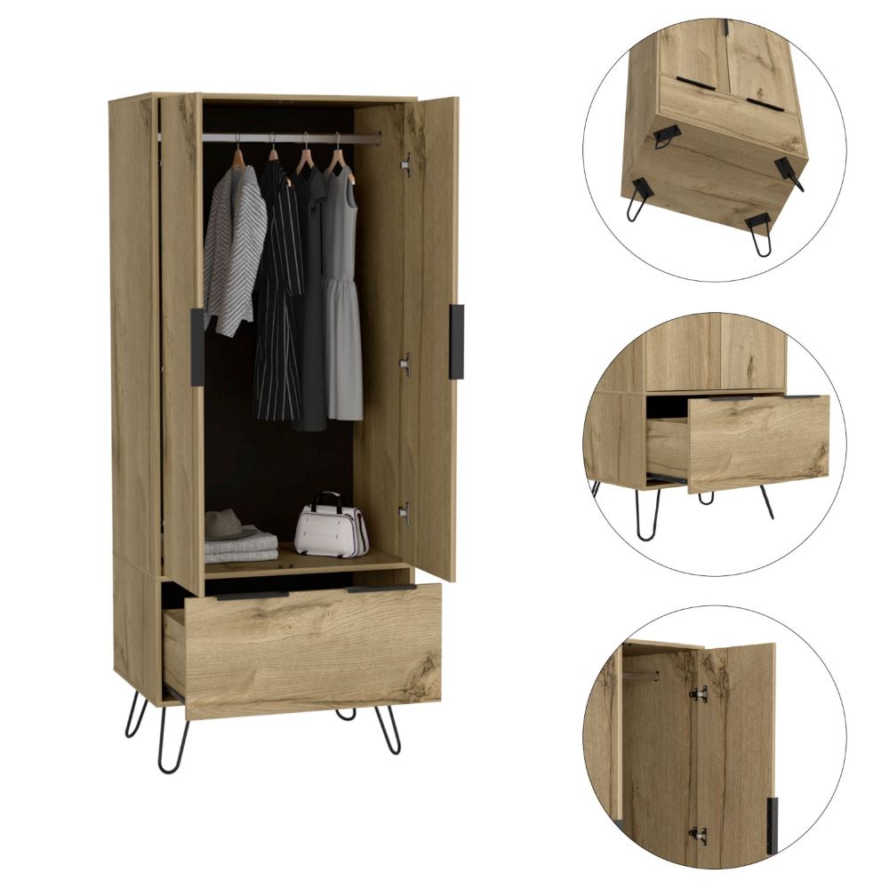 Armoire Skyoner, One Drawer, Double Door Cabinet, Light Oak Finish-6