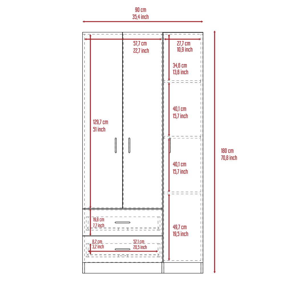 Three Door Armoire Clark, Metal Rod, Light Oak / Black Wengue Finish-8