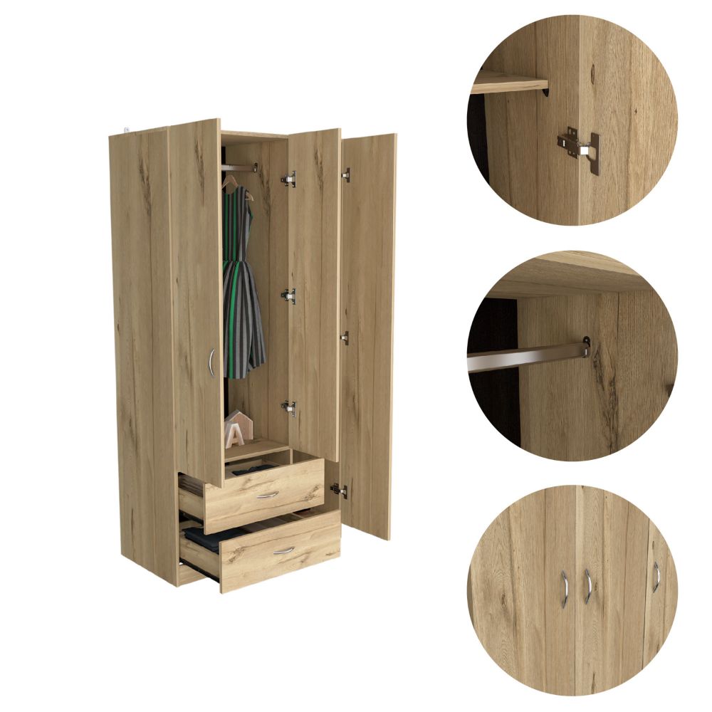 Three Door Armoire Clark, Metal Rod, Light Oak / Black Wengue Finish-6