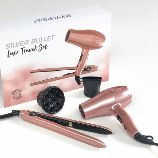 Silver Bullet Mini Hair Dryer and Straightener Iron Luxe Travel Set - Rose Gold-0