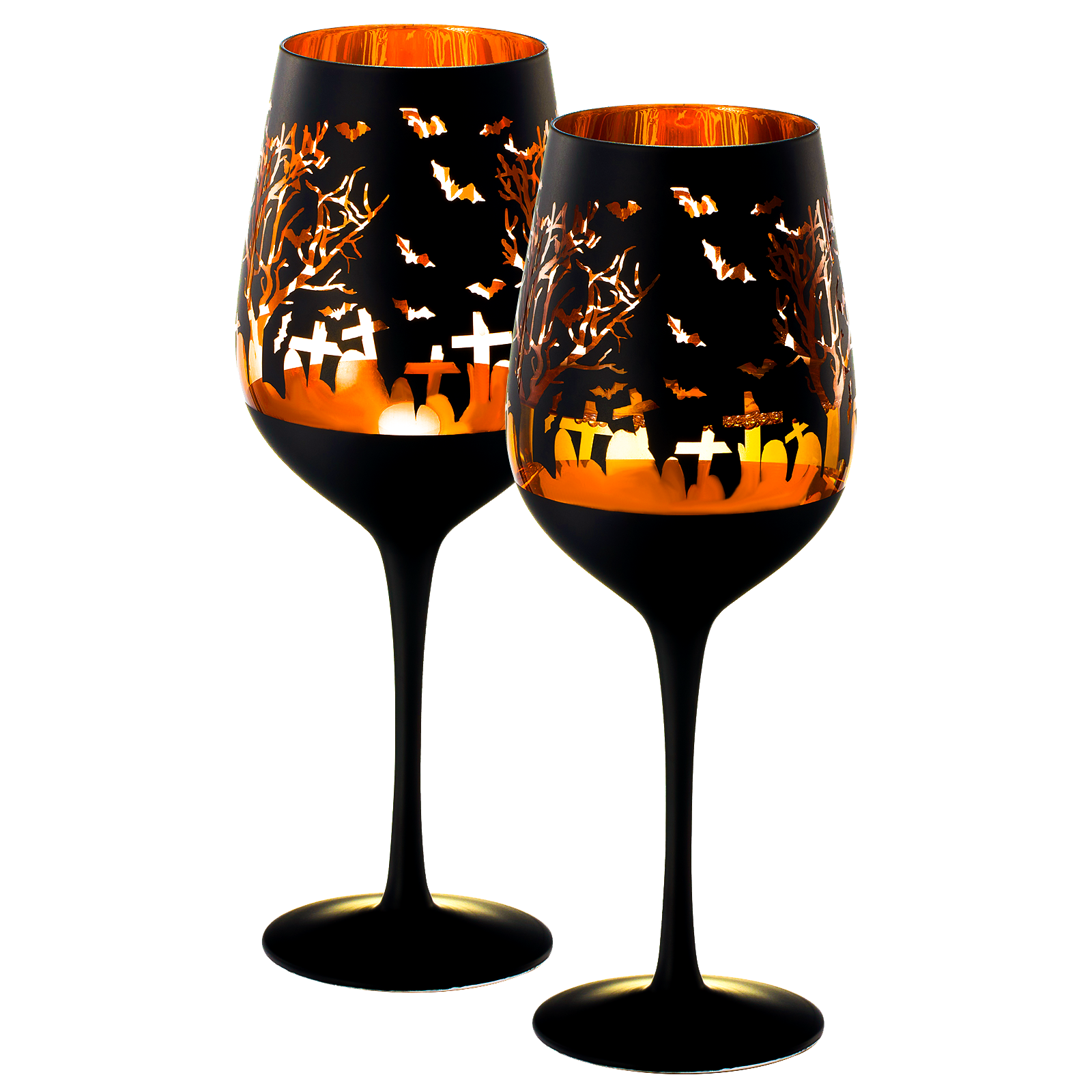 Crystal Halloween Stemmed Wine Glasses - Set of 2 - Themed Vibrant Black & Gold Etched Spooky Graveyard Pattern Frosted Glass, Perfect for Themed Gothic Parties Trick Or Treat Gift For Him Her (14 OZ)-0