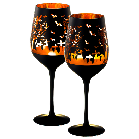 Crystal Halloween Stemmed Wine Glasses - Set of 2 - Themed Vibrant Black & Gold Etched Spooky Graveyard Pattern Frosted Glass, Perfect for Themed Gothic Parties Trick Or Treat Gift For Him Her (14 OZ)-0