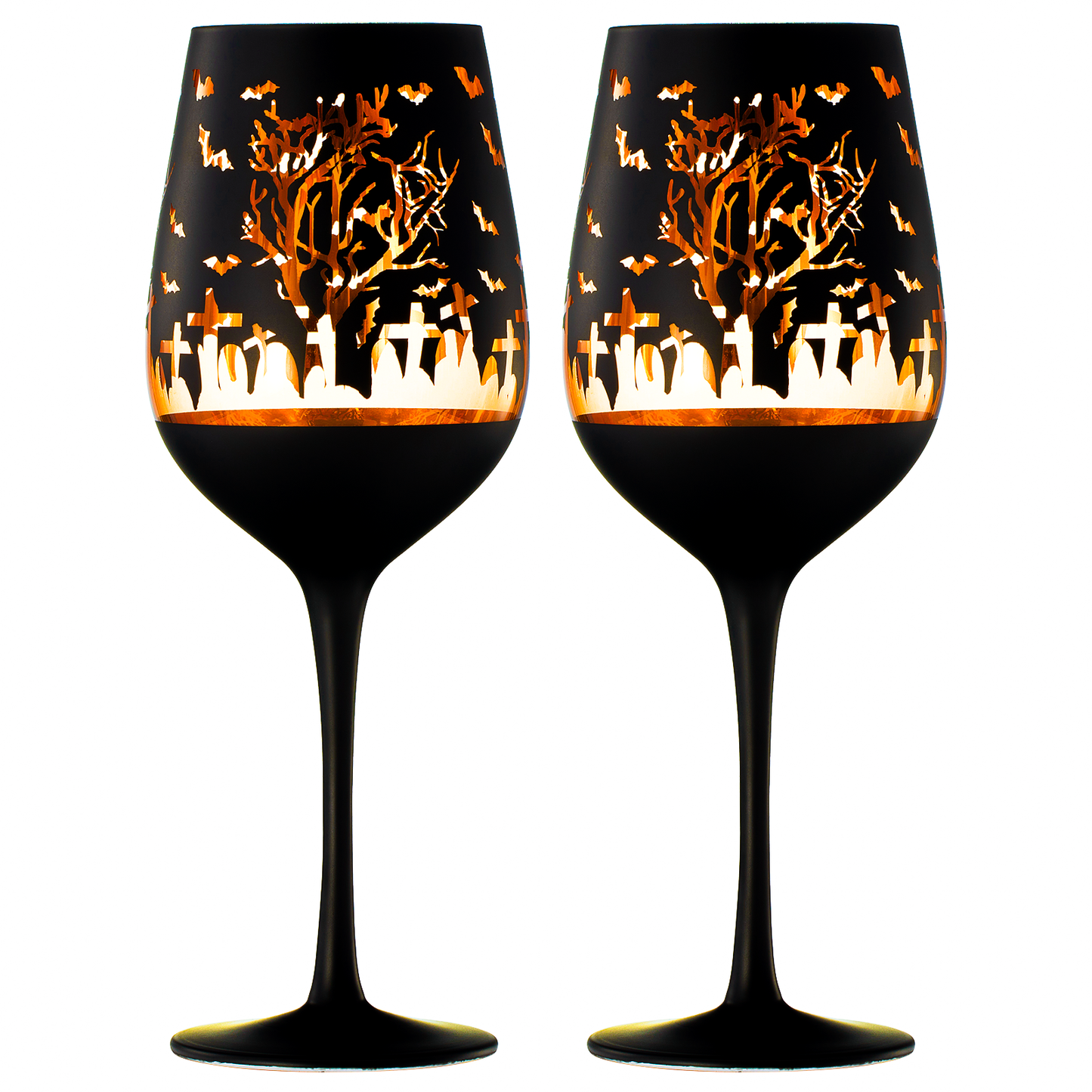 Crystal Halloween Stemmed Wine Glasses - Set of 2 - Themed Vibrant Black & Gold Etched Spooky Graveyard Pattern Frosted Glass, Perfect for Themed Gothic Parties Trick Or Treat Gift For Him Her (14 OZ)-3