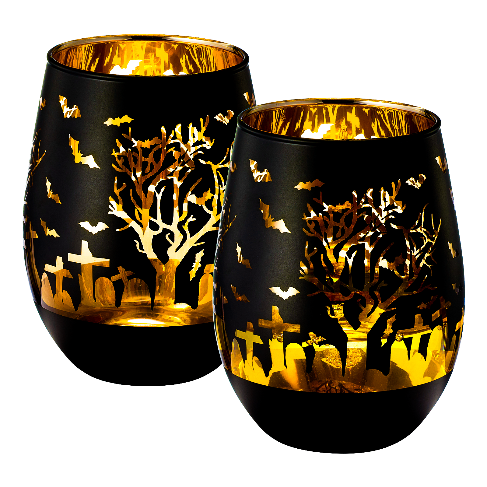 Crystal Halloween Stemless Wine Glass - Set of 2 - Themed Vibrant Black & Gold Etched Spooky Graveyard Pattern Frosted Glass, Perfect for Themed Gothic Parties Trick Or Treat Gift For Him Her (16 OZ)-0