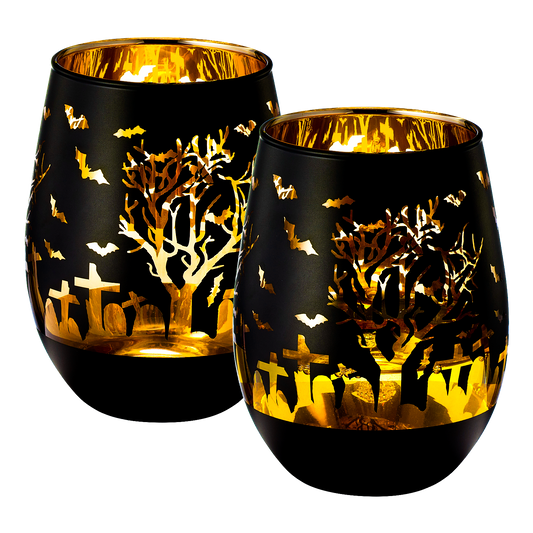 Crystal Halloween Stemless Wine Glass - Set of 2 - Themed Vibrant Black & Gold Etched Spooky Graveyard Pattern Frosted Glass, Perfect for Themed Gothic Parties Trick Or Treat Gift For Him Her (16 OZ)-0
