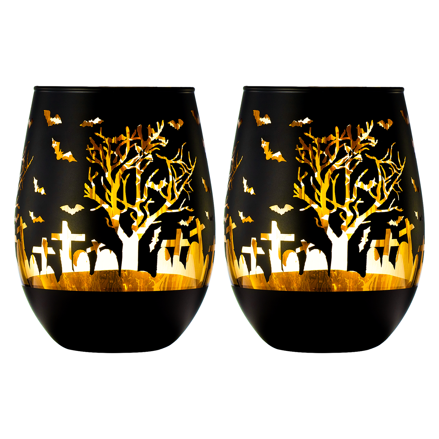 Crystal Halloween Stemless Wine Glass - Set of 2 - Themed Vibrant Black & Gold Etched Spooky Graveyard Pattern Frosted Glass, Perfect for Themed Gothic Parties Trick Or Treat Gift For Him Her (16 OZ)-3