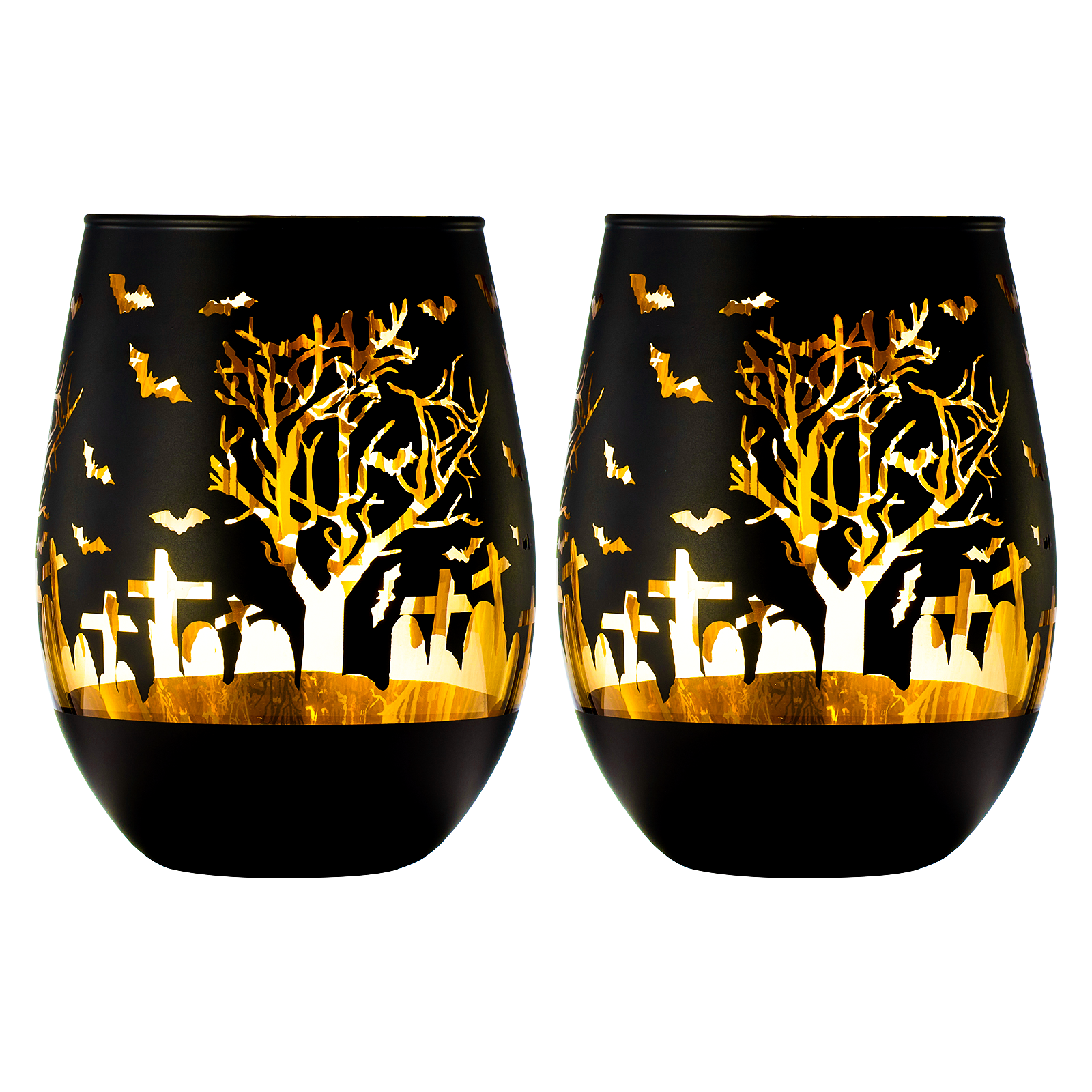 Crystal Halloween Stemless Wine Glass - Set of 2 - Themed Vibrant Black & Gold Etched Spooky Graveyard Pattern Frosted Glass, Perfect for Themed Gothic Parties Trick Or Treat Gift For Him Her (16 OZ)-3