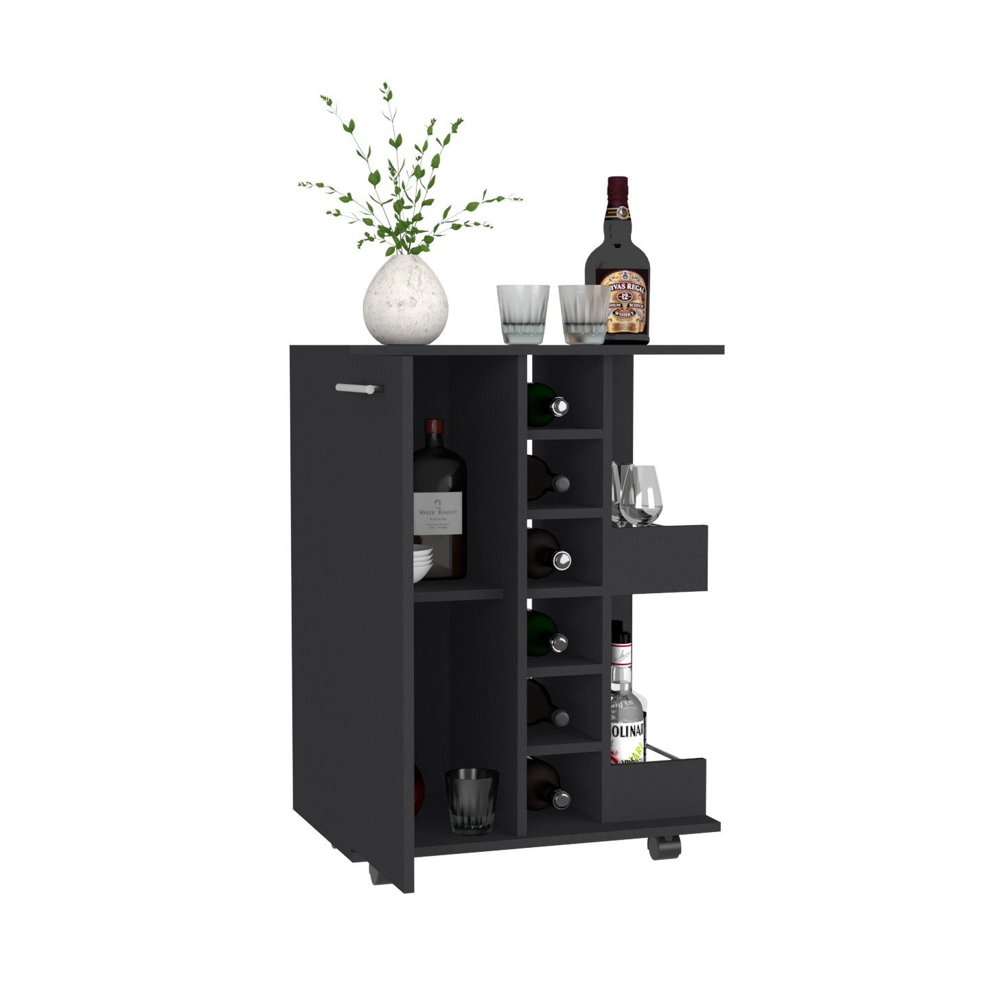 Bar Cart Wells, Four Casters, Black Wengue Finish-6