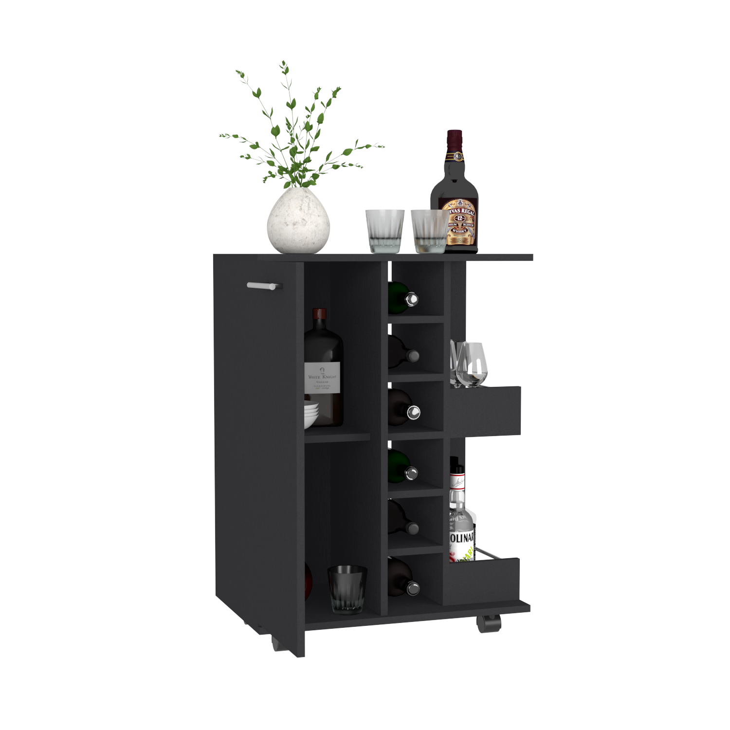 Bar Cart Wells, Four Casters, Black Wengue Finish-6