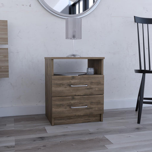 Nightstand Olienza, Two Drawers, One Shelf, Dark Brown Finish-0
