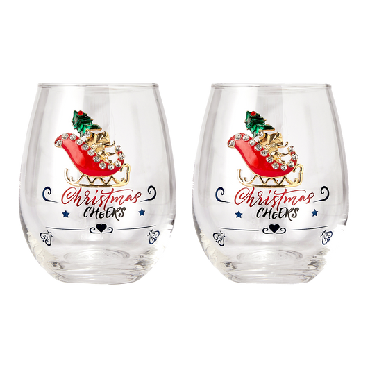 Crystal Christmas Santa's Sleigh Wine & Water Glasses - Set of 2, 17.5oz - Xmas Diamond Merry Christmas Santa Holiday Festive Theme Stemless Glass - New Year Holiday Gifts for Men Women Friend Family-0