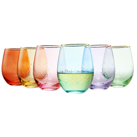 Vintage Crystal Colored Wine Gold Rim Glasses | Set of 6 | Gilded Art Deco 15 oz Vibrant Classic Cocktail Glassware - Crystal Carved Glass for Red & White Wines, Cocktails, Martini, Sidecar, Champagne-0