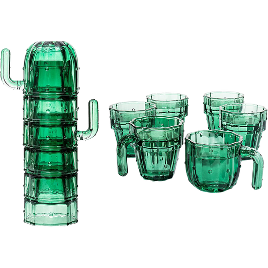 Cactus Stackable Glasses, Stacktus Gifts, Set of 6-10 oz Cactus Shape Glasses With Handles Green Glass Blown Figurines Plant Decorations for Parties 3.5" H 5" W - Copyright Design, Patent Pending-0