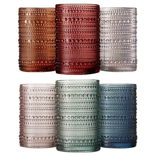 Beaded Highball Drinking Glasses | Set of 6 | Muted Color, Vintage Hobnail 14 OZ Muted Bubble Design Whiskey Glassware, Old-Fashioned, Embossed Design Glass for Water, Wine, Cocktail HAND WASH ONLY-0
